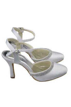 Ankle Strap Beading High Heel White Comfy Satin SWK11006