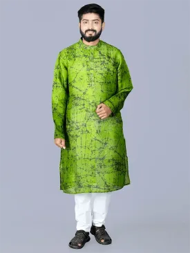 Green Batik Printed Pure Silk Men Kurta