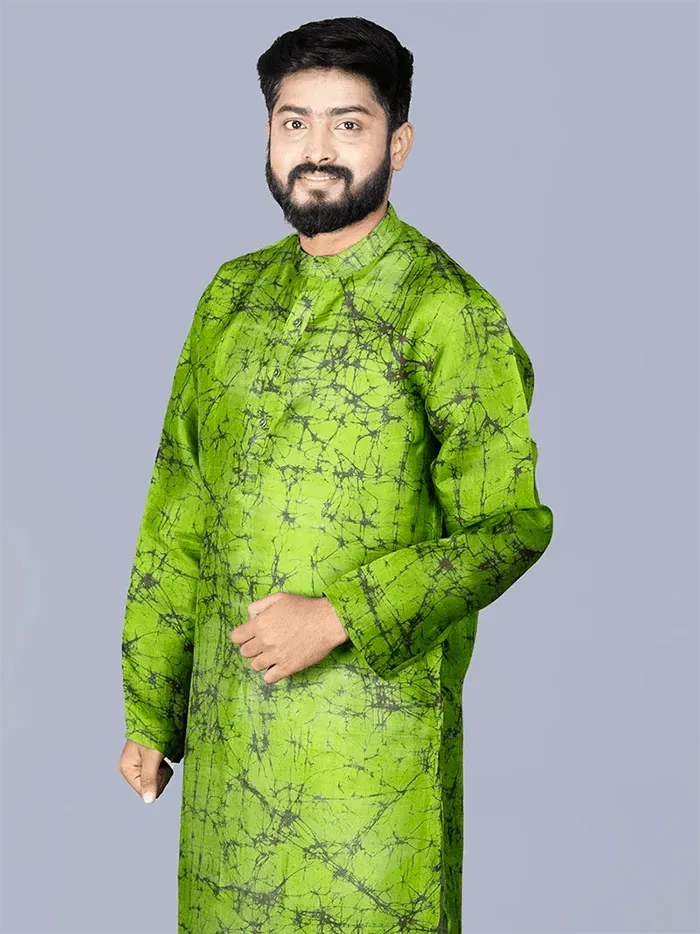 Green Batik Printed Pure Silk Men Kurta