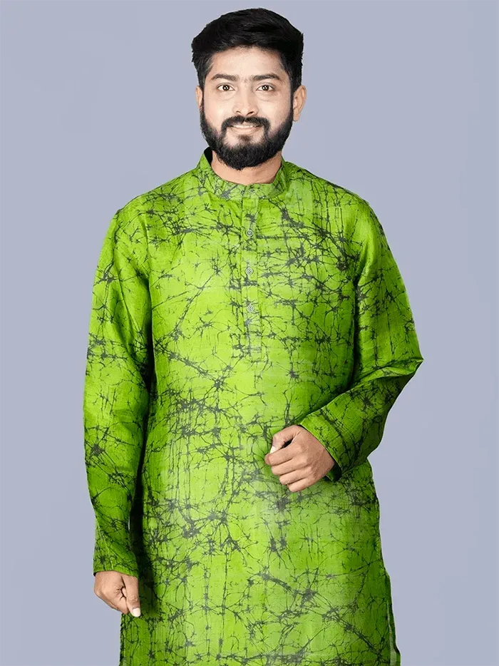 Green Batik Printed Pure Silk Men Kurta