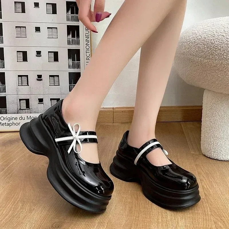 Hnzxzm Mary Jane Women Shoes Buckle Strap Leather High Heels Round Toe Oxford Shoes for Women Butterfly Knot Platform Shoes Plus Size