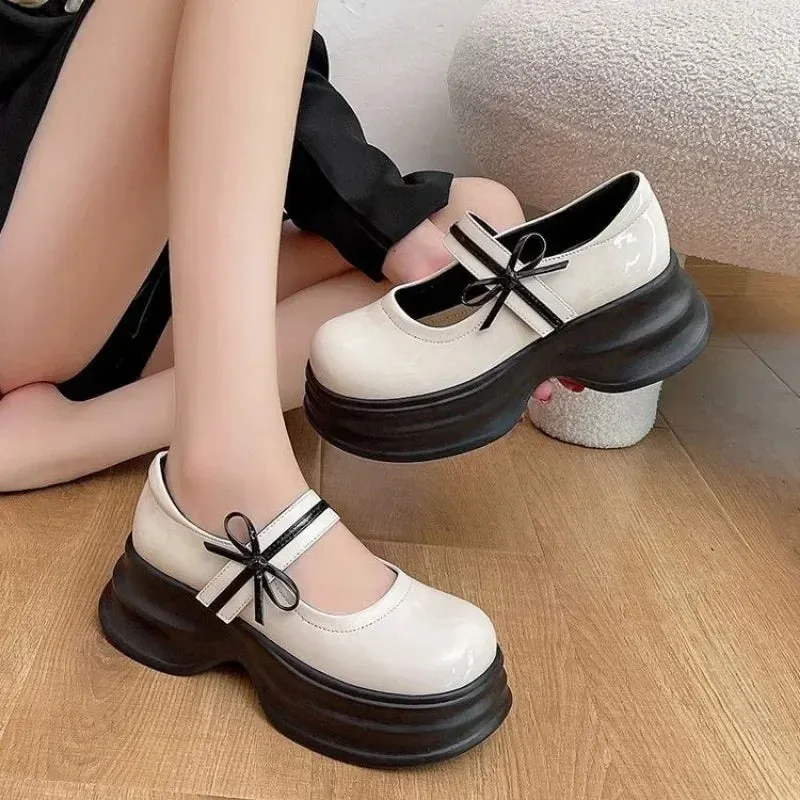Hnzxzm Mary Jane Women Shoes Buckle Strap Leather High Heels Round Toe Oxford Shoes for Women Butterfly Knot Platform Shoes Plus Size