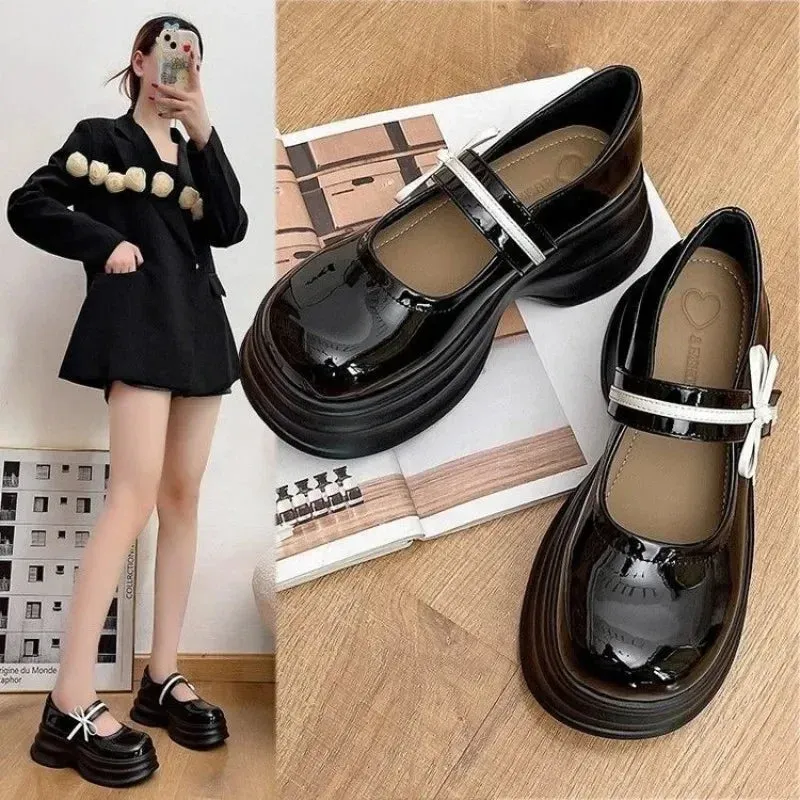 Hnzxzm Mary Jane Women Shoes Buckle Strap Leather High Heels Round Toe Oxford Shoes for Women Butterfly Knot Platform Shoes Plus Size