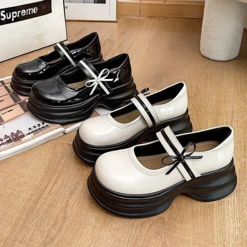 Hnzxzm Mary Jane Women Shoes Buckle Strap Leather High Heels Round Toe Oxford Shoes for Women Butterfly Knot Platform Shoes Plus Size