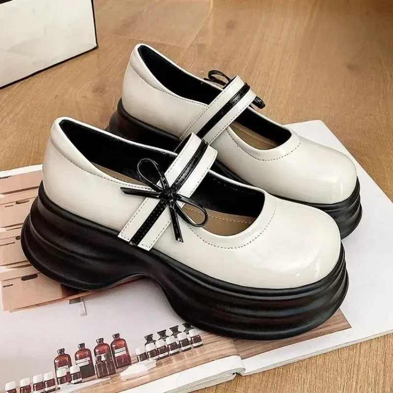 Hnzxzm Mary Jane Women Shoes Buckle Strap Leather High Heels Round Toe Oxford Shoes for Women Butterfly Knot Platform Shoes Plus Size