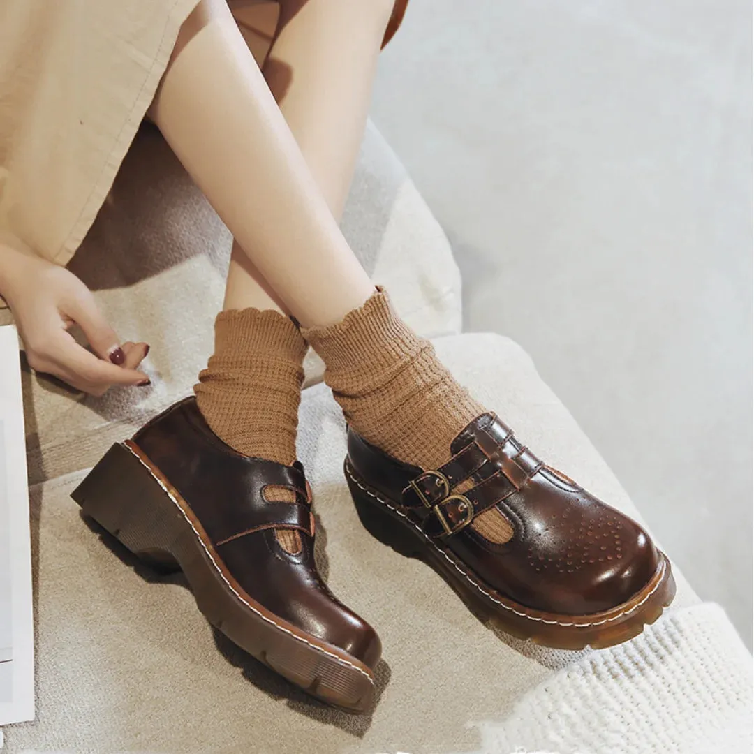 Hnzxzm Vintage Block Women's Shoes Thick Sole Sen Women's Japanese Mary Jane Single Shoes Cute Big Head JK Small Leather Shoes
